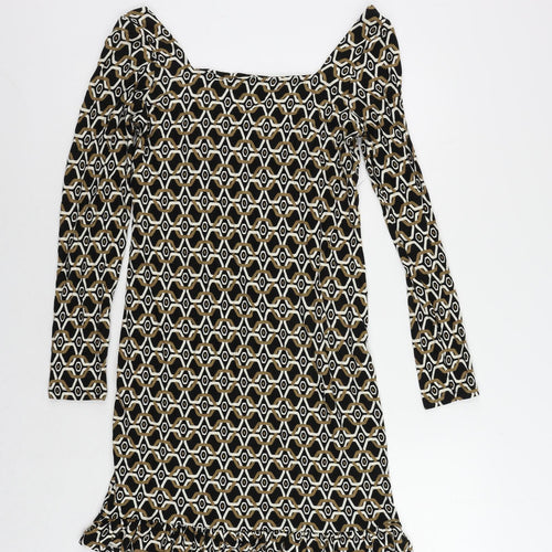 NEXT Womens Brown Geometric Viscose A-Line Size 8 V-Neck Pullover - Ruffle