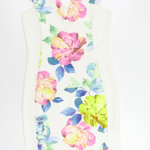 I-X London Womens White Floral Polyester Mini Size 12 V-Neck