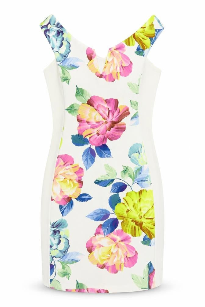 Front view of I-X London women’s white floral polyester mini, size UK 12, v-neck