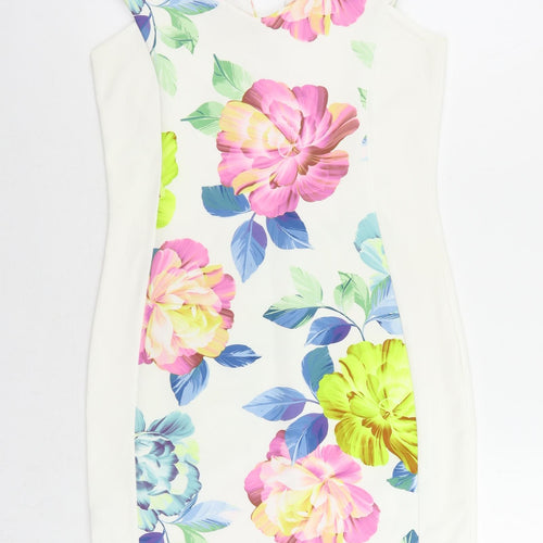 I-X London Womens White Floral Polyester Mini Size 12 V-Neck
