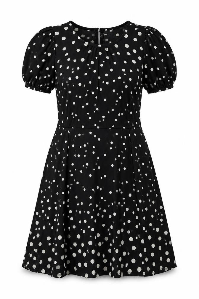 Front view of Oasis women’s black polka dot polyester a-line, size L, boat neck button