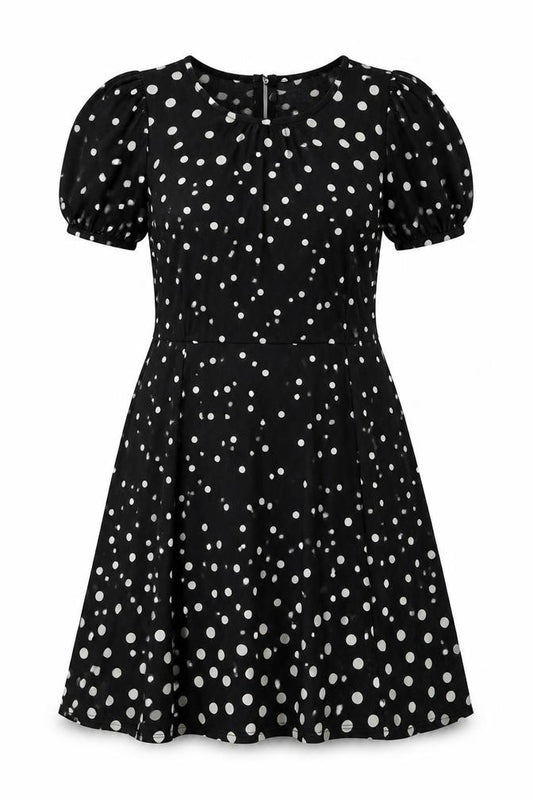 Front view of Oasis women’s black polka dot polyester a-line, size L, boat neck button