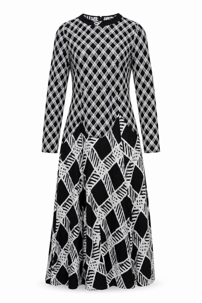 Front view of Oasis women’s black geometric viscose maxi, size UK 10, mock neck zip