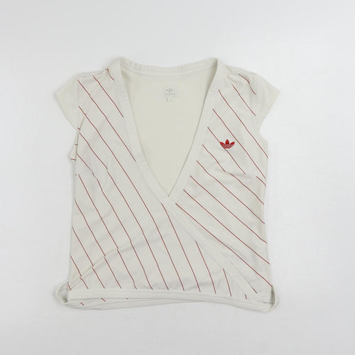 adidas Womens White Striped Polyester Wrap Blouse Size 10 V-Neck - Logo