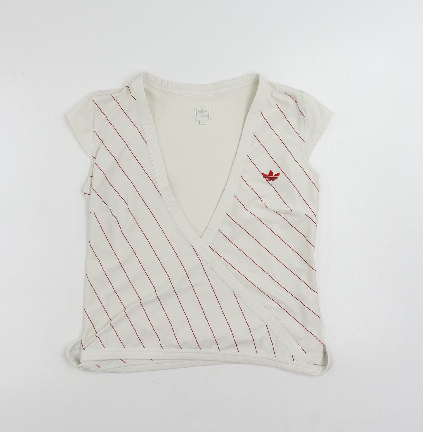 adidas Womens White Striped Polyester Wrap Blouse Size 10 V-Neck - Logo