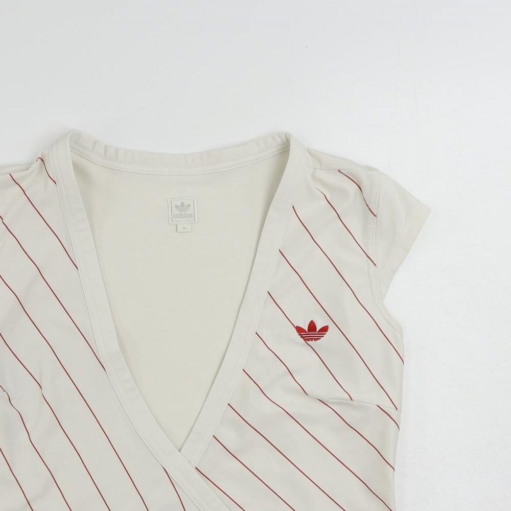 adidas Womens White Striped Polyester Wrap Blouse Size 10 V-Neck - Logo