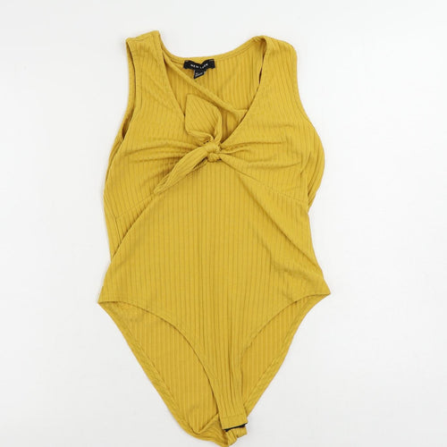 New Look Womens Yellow Polyester Bodysuit One-Piece Size 12 Snap - Ribbed