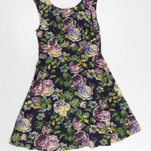 Red Herring Womens Blue Floral Polyester Fit & Flare Size 10 Boat Neck Zip