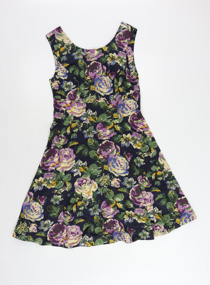 Red Herring Womens Blue Floral Polyester Fit & Flare Size 10 Boat Neck Zip