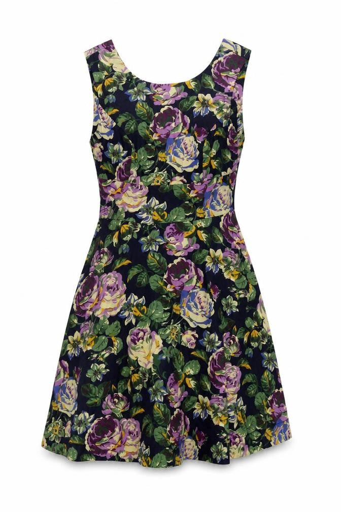 Red Herring Womens Blue Floral Polyester Fit & Flare Size 10 Boat Neck Zip