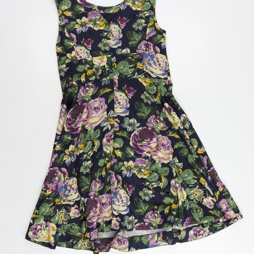 Red Herring Womens Blue Floral Polyester Fit & Flare Size 10 Boat Neck Zip