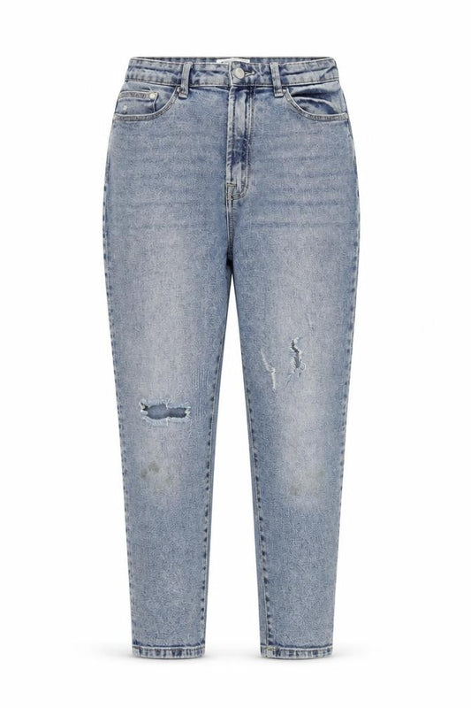 Front view of Stradivarius women’s blue cotton mom jeans, size UK 12, 27-inch leg regular zip