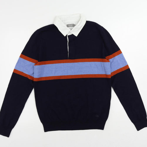 Jaeger Mens Blue Collared Striped Polyester Pullover Jumper Size S Long Sleeve