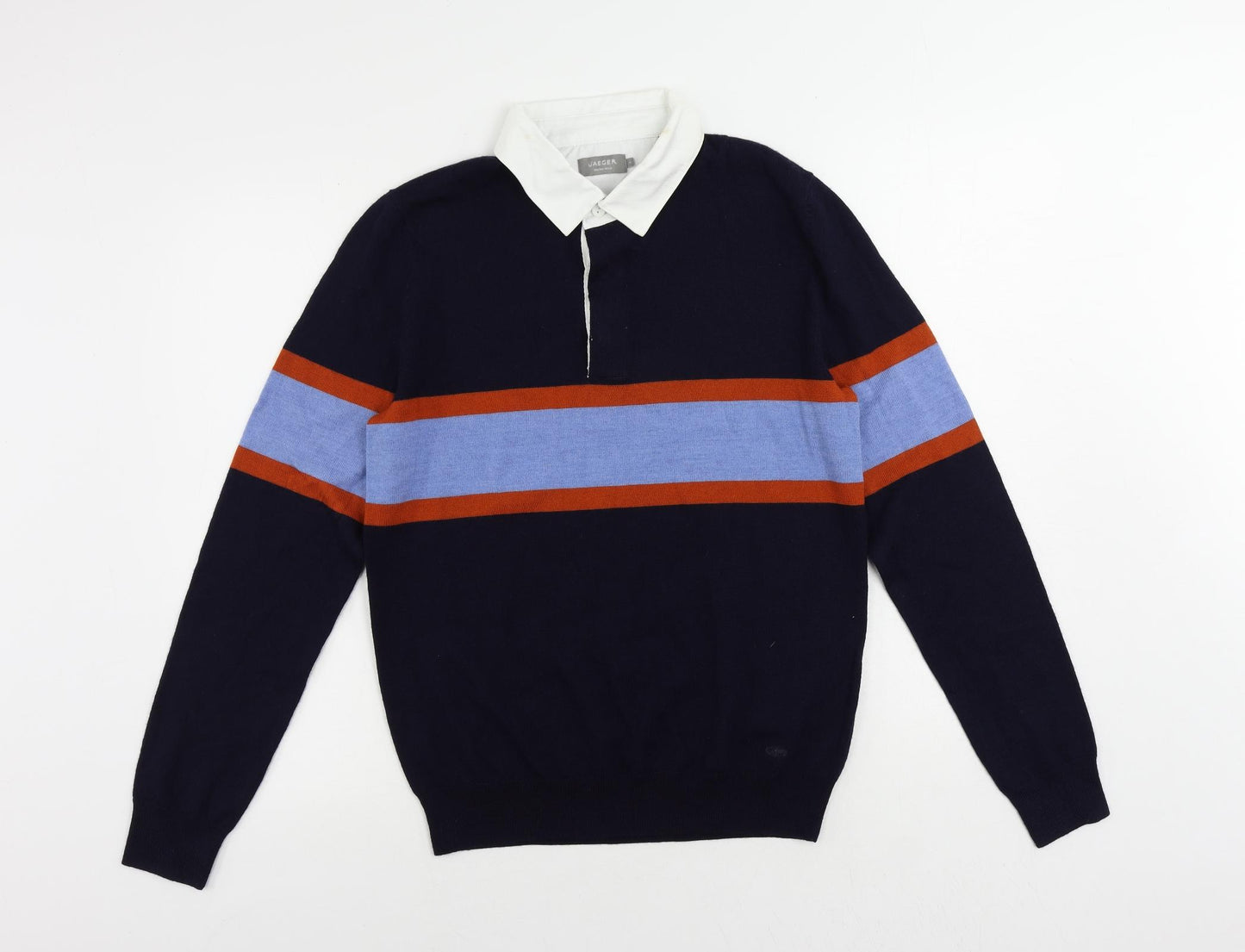 Jaeger Mens Blue Collared Striped Polyester Pullover Jumper Size S Long Sleeve