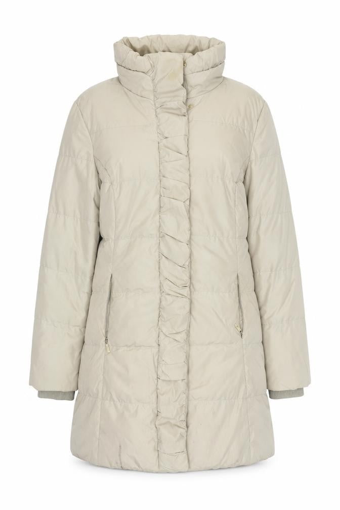 Front view of Ellen Tracy women’s beige quilted coat, size L, zip