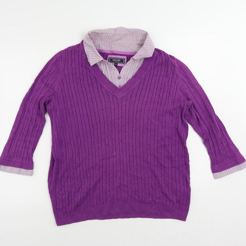 Maine New England Womens Purple Collared Cotton Pullover Jumper Size 16