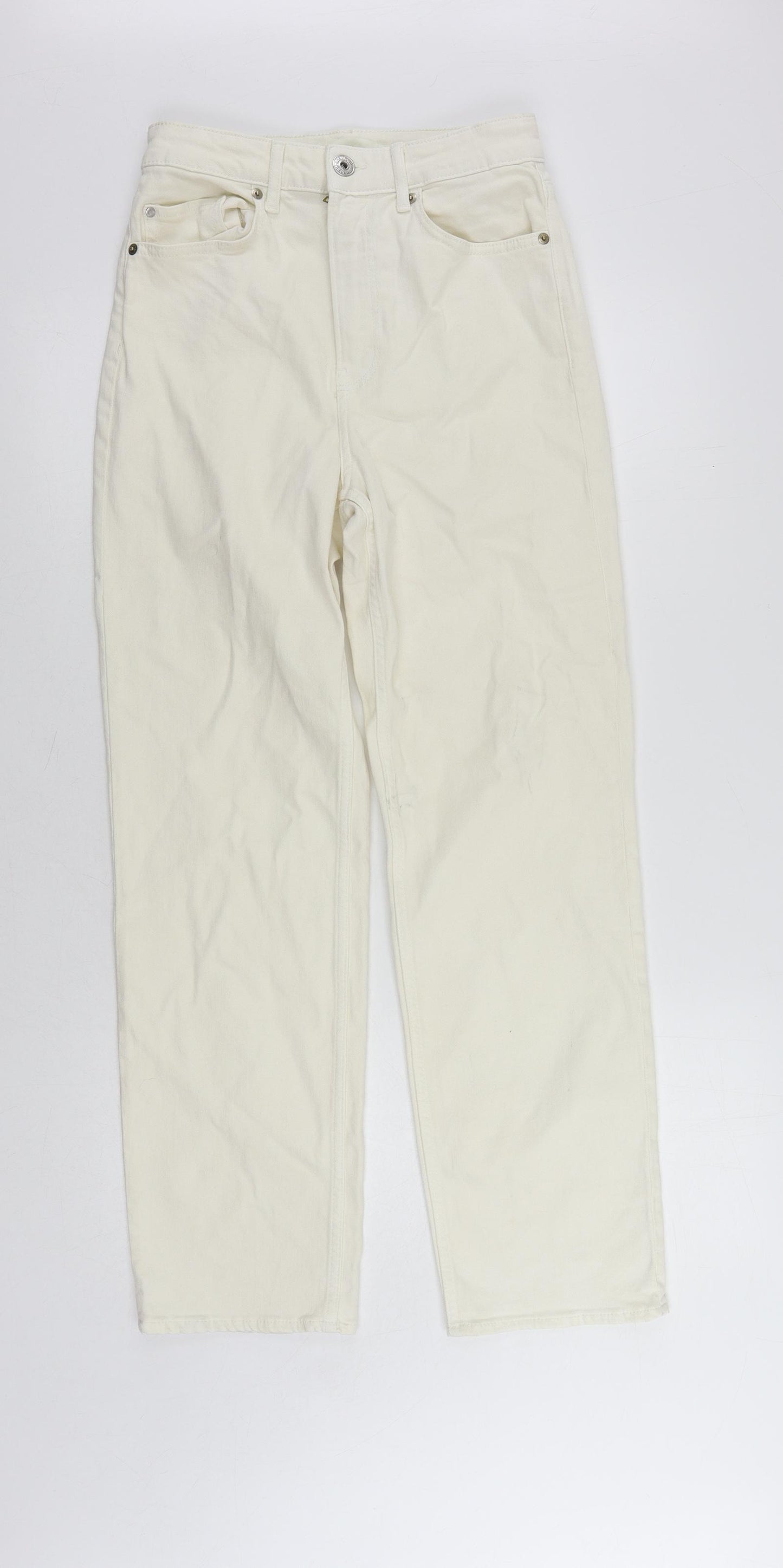 H&M Womens Ivory Cotton Straight Jeans Size 8 L29 in Regular Zip