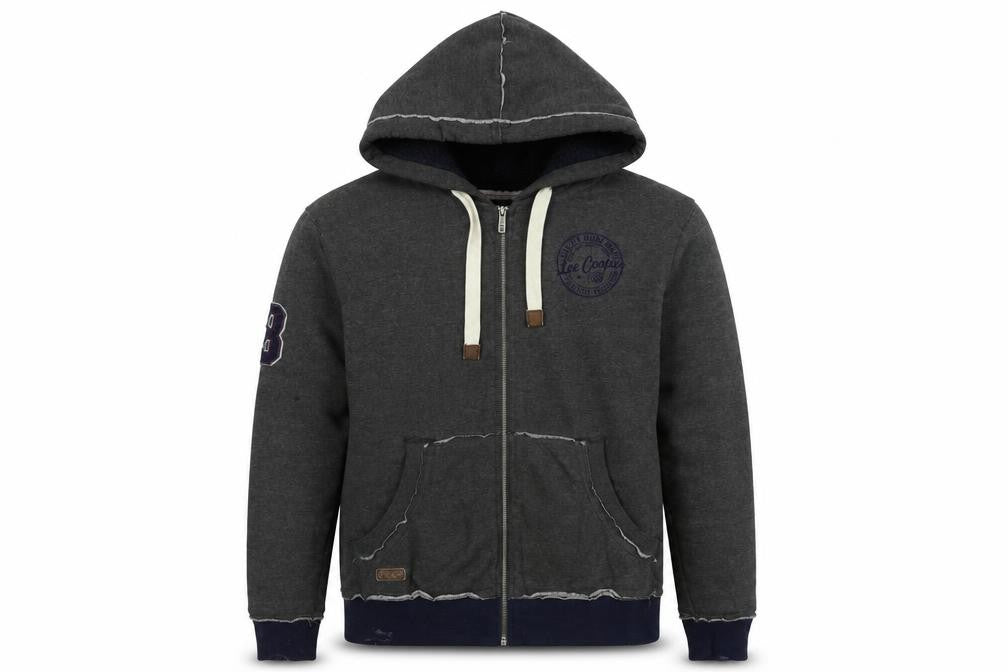 Front view of Lee Cooper men’s grey polyester full zip hoodie, size S, - logo