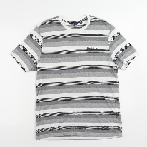 Ben Sherman Mens Black Striped Cotton T-Shirt Size M Crew Neck - Logo