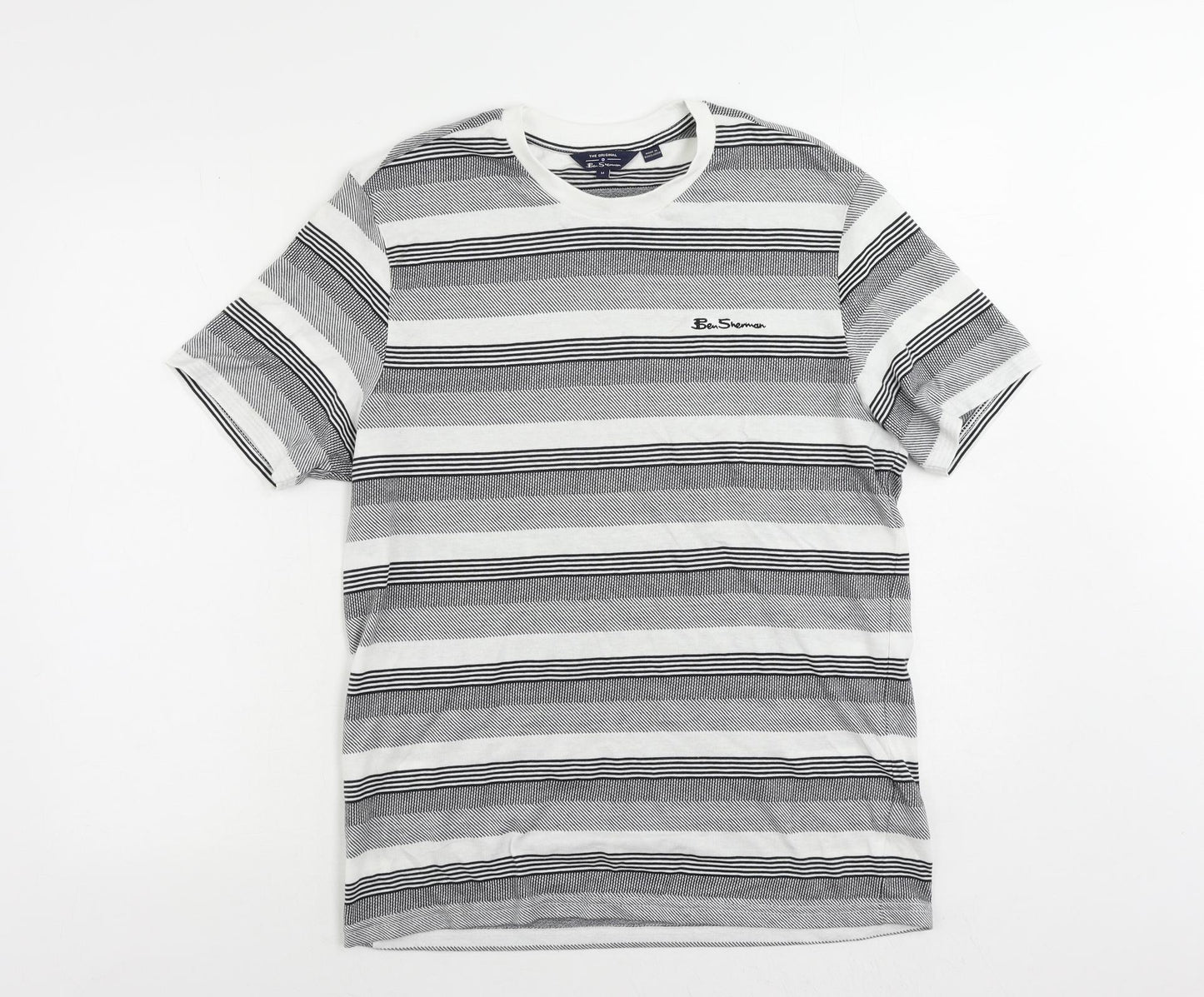Ben Sherman Mens Black Striped Cotton T-Shirt Size M Crew Neck - Logo