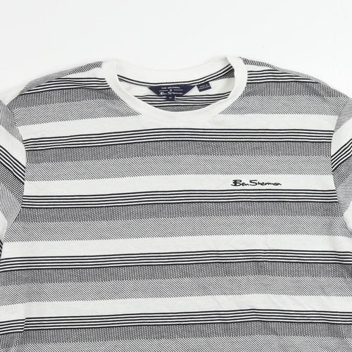 Ben Sherman Mens Black Striped Cotton T-Shirt Size M Crew Neck - Logo