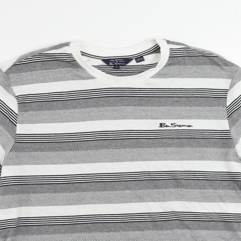 Ben Sherman Mens Black Striped Cotton T-Shirt Size M Crew Neck - Logo