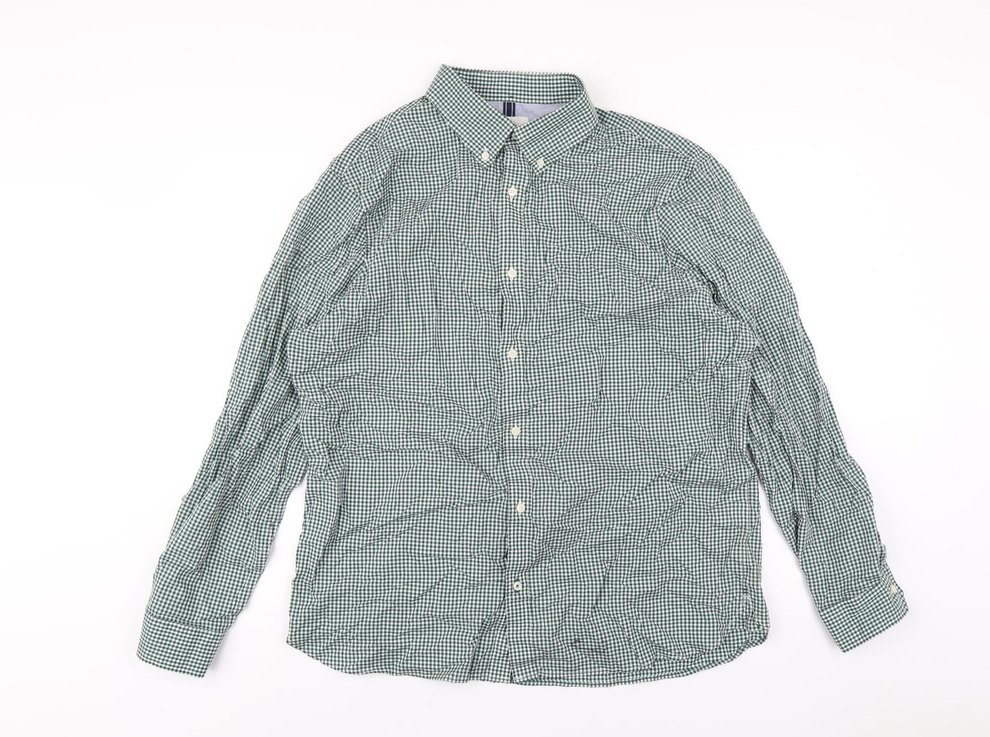 Marks and Spencer Mens Green Check Cotton Button-Up Size XL Collared Button
