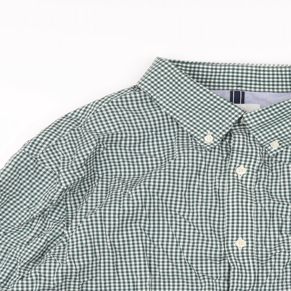 Marks and Spencer Mens Green Check Cotton Button-Up Size XL Collared Button