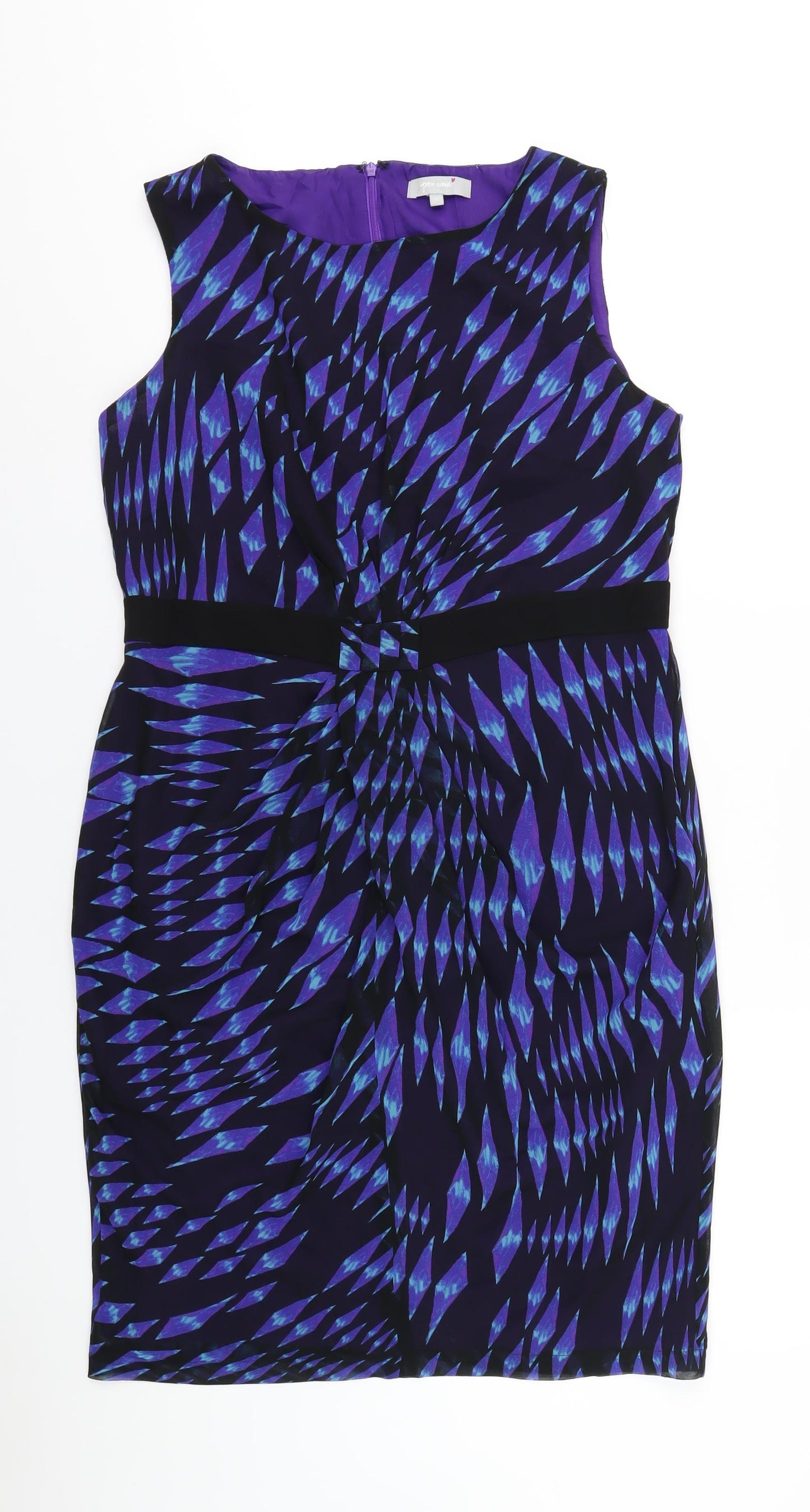 Per Una Womens Blue Geometric Polyester Pencil Dress Size 16 Round Neck Zip