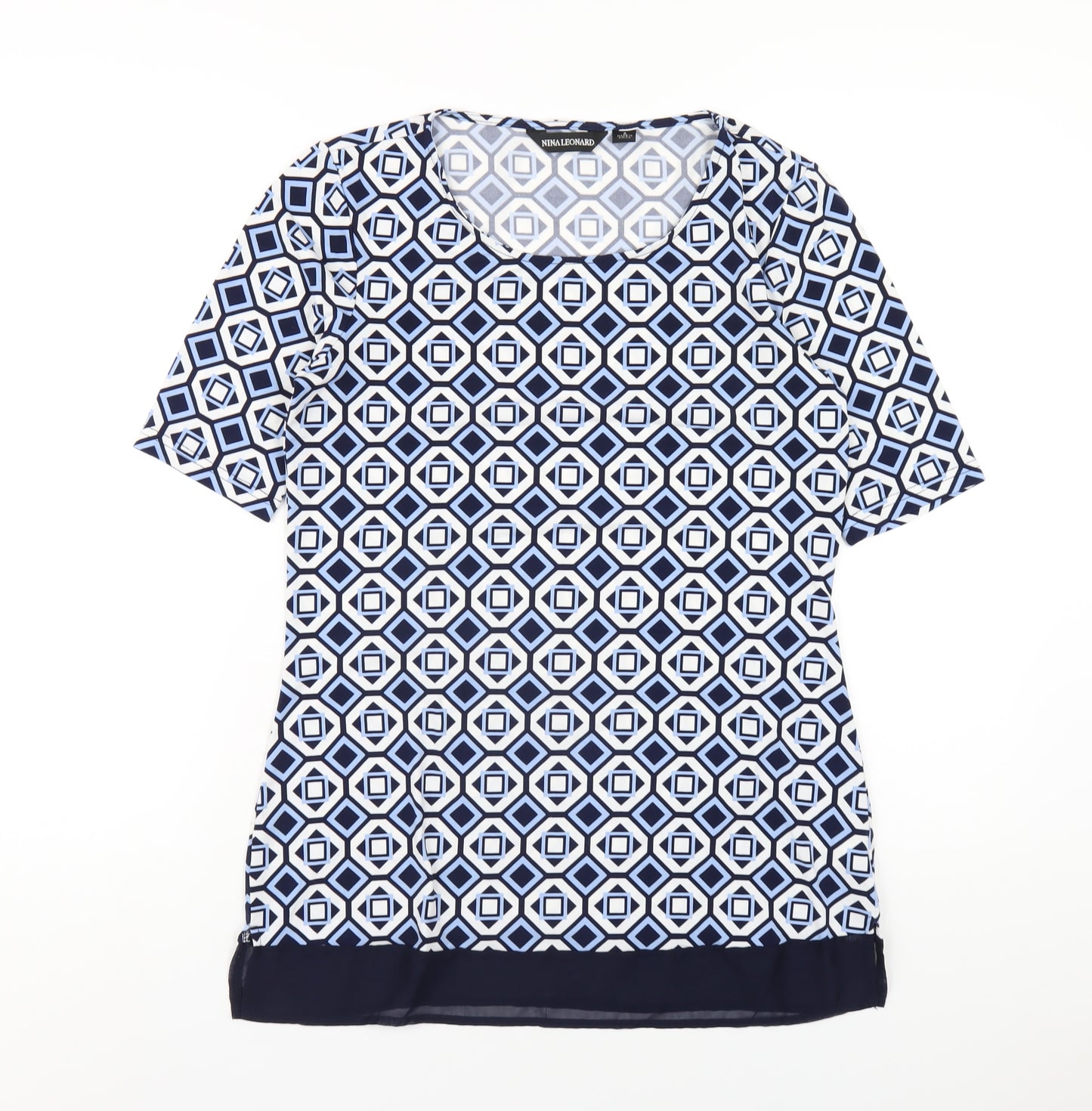 Nina Leonard Womens Blue Geometric Polyester Basic T-Shirt Size S Round Neck