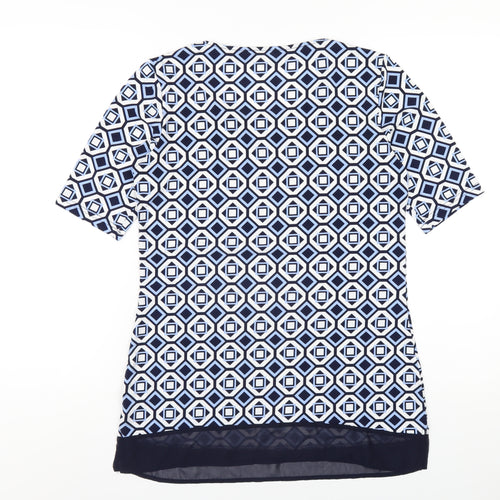 Nina Leonard Womens Blue Geometric Polyester Basic T-Shirt Size S Round Neck
