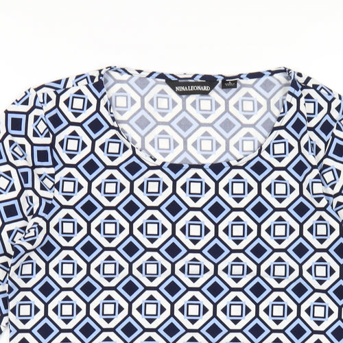 Nina Leonard Womens Blue Geometric Polyester Basic T-Shirt Size S Round Neck