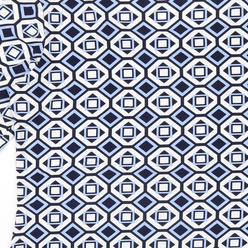 Nina Leonard Womens Blue Geometric Polyester Basic T-Shirt Size S Round Neck