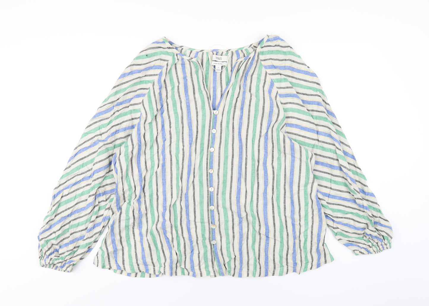 Marks and Spencer Womens Multicoloured Striped Linen Basic T-Shirt Size 18 V-Neck