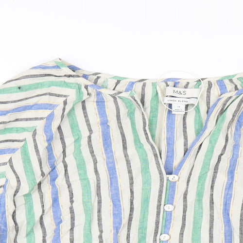 Marks and Spencer Womens Multicoloured Striped Linen Basic T-Shirt Size 18 V-Neck