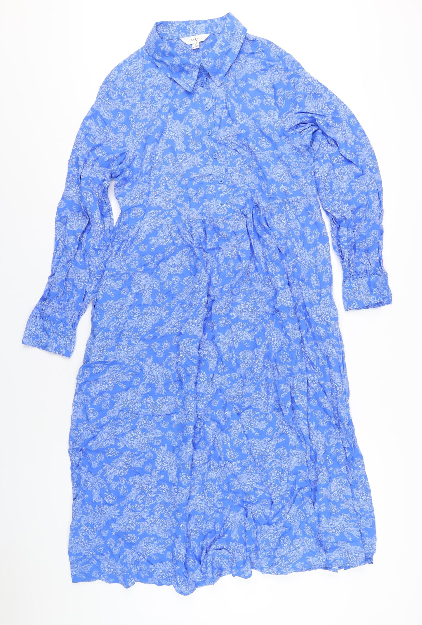 Marks and Spencer Womens Blue Geometric Viscose A-Line Size 14 Collared Button