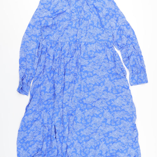 Marks and Spencer Womens Blue Geometric Viscose A-Line Size 14 Collared Button