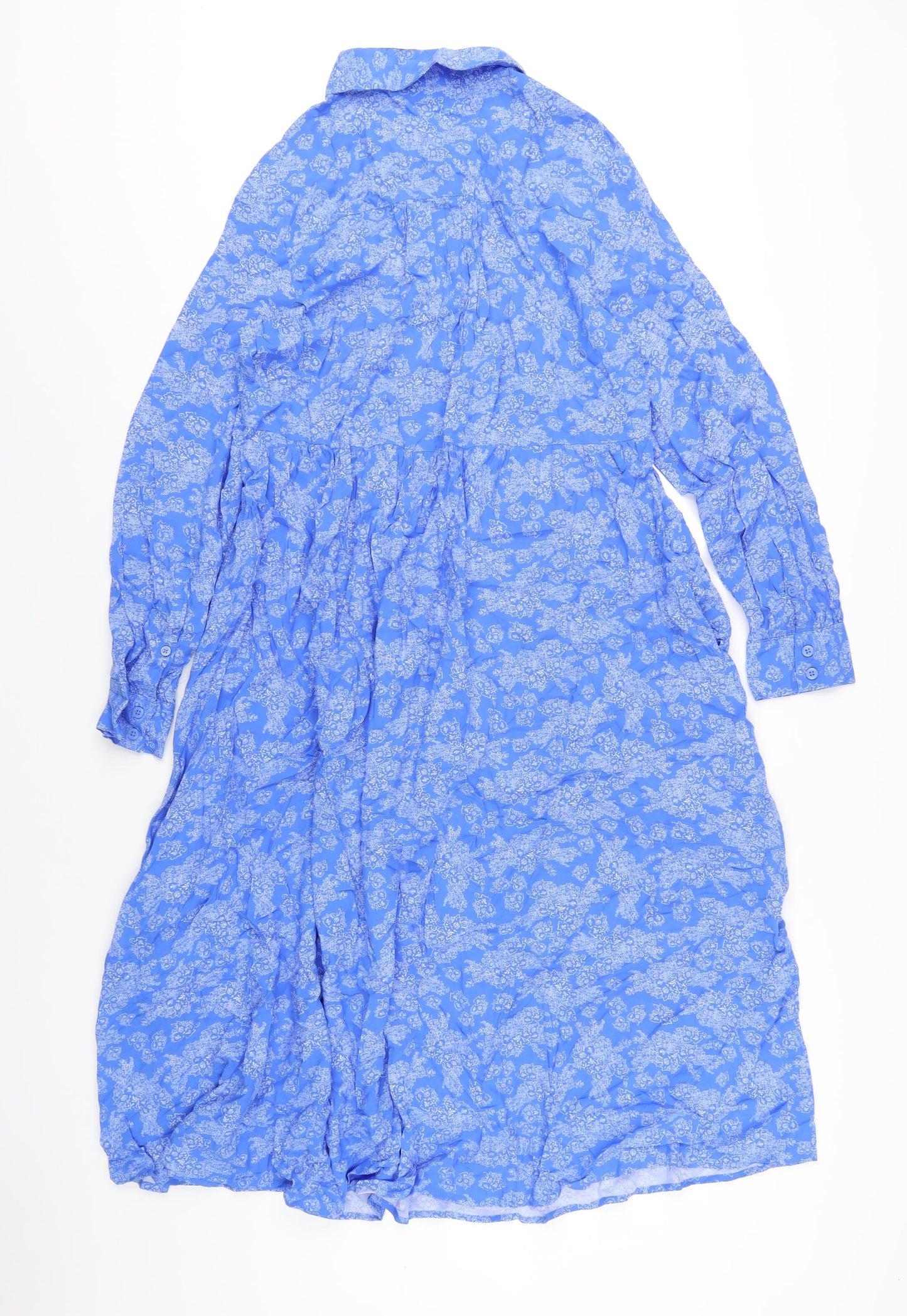 Marks and Spencer Womens Blue Geometric Viscose A-Line Size 14 Collared Button