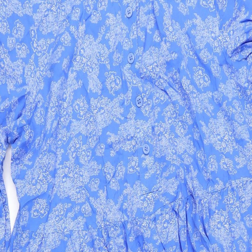 Marks and Spencer Womens Blue Geometric Viscose A-Line Size 14 Collared Button