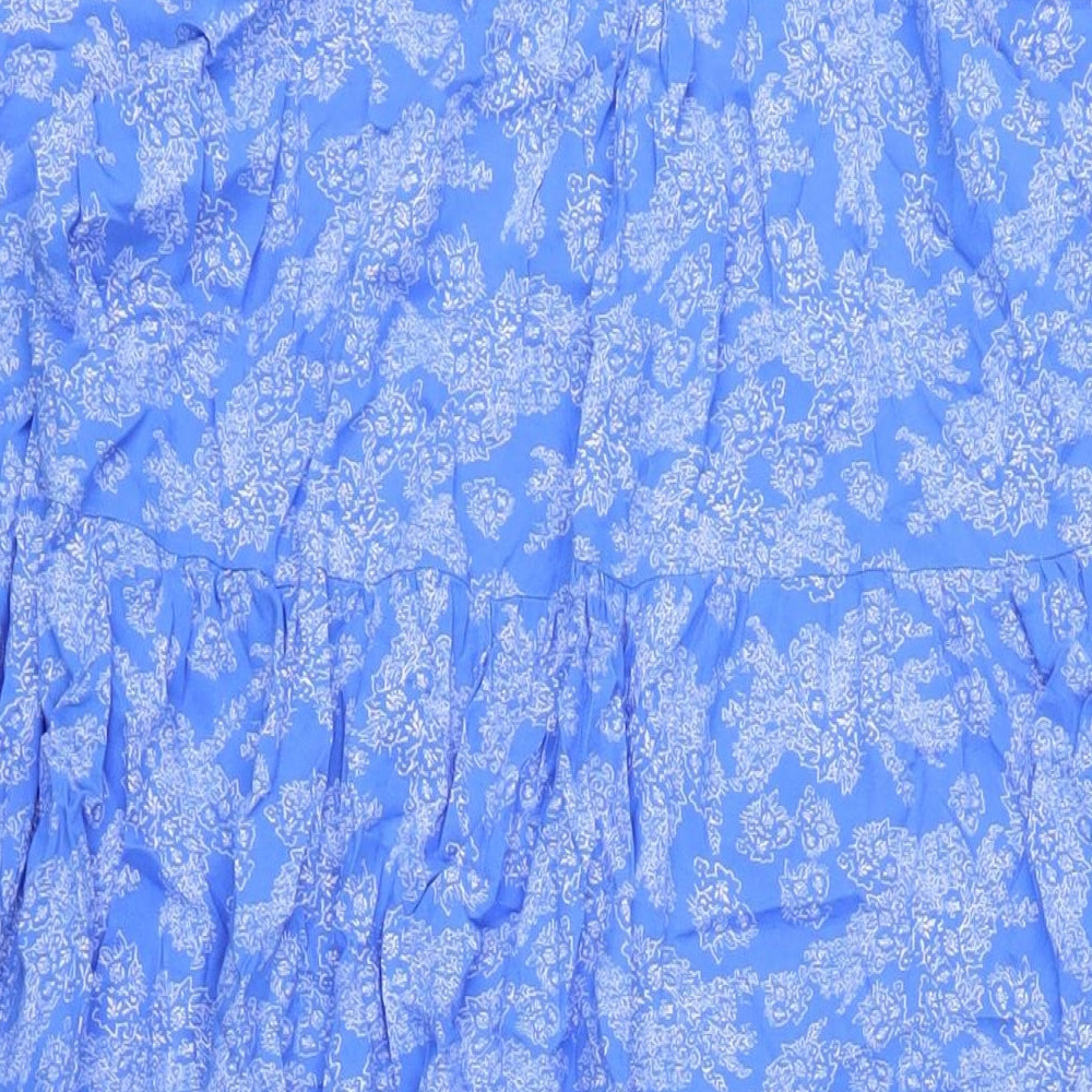 Marks and Spencer Womens Blue Geometric Viscose A-Line Size 14 Collared Button