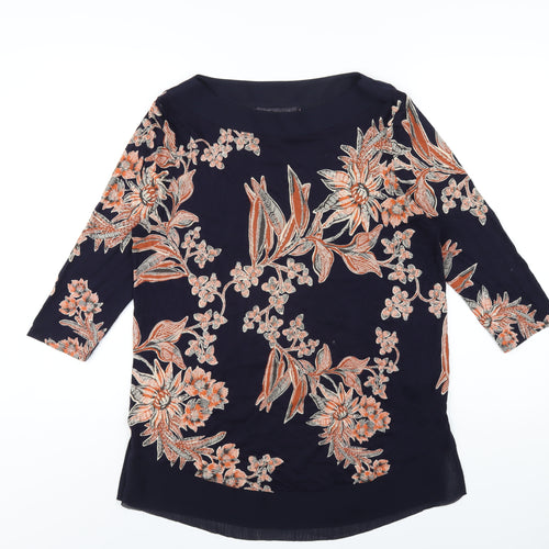 Marks and Spencer Womens Blue Floral Viscose Basic T-Shirt Size 14 Boat Neck