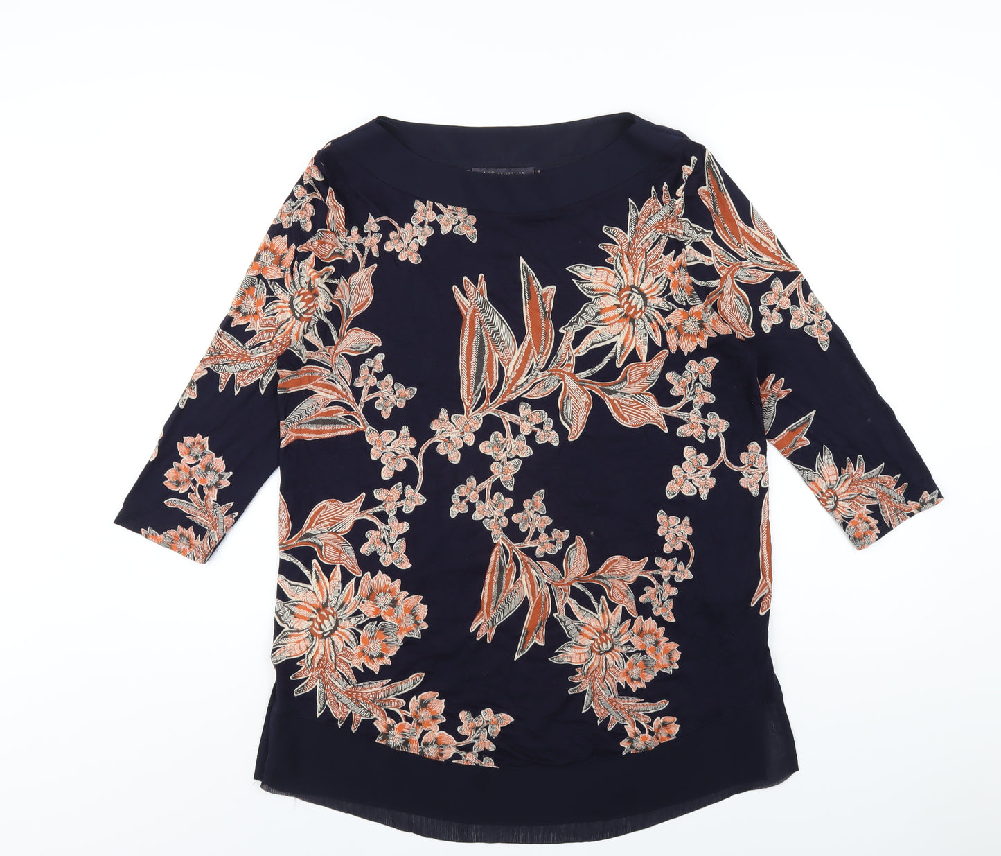 Marks and Spencer Womens Blue Floral Viscose Basic T-Shirt Size 14 Boat Neck