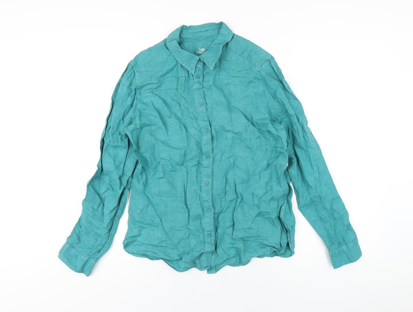 Marks and Spencer Womens Green Linen Basic Button-Up Size 10 Collared