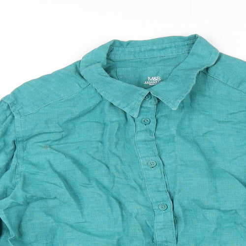 Marks and Spencer Womens Green Linen Basic Button-Up Size 10 Collared
