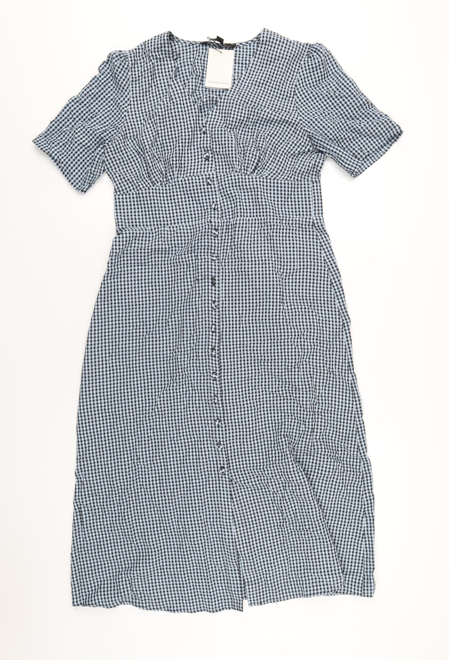 Nobody's Child Womens Blue Check Cotton A-Line Size 12 V-Neck Button