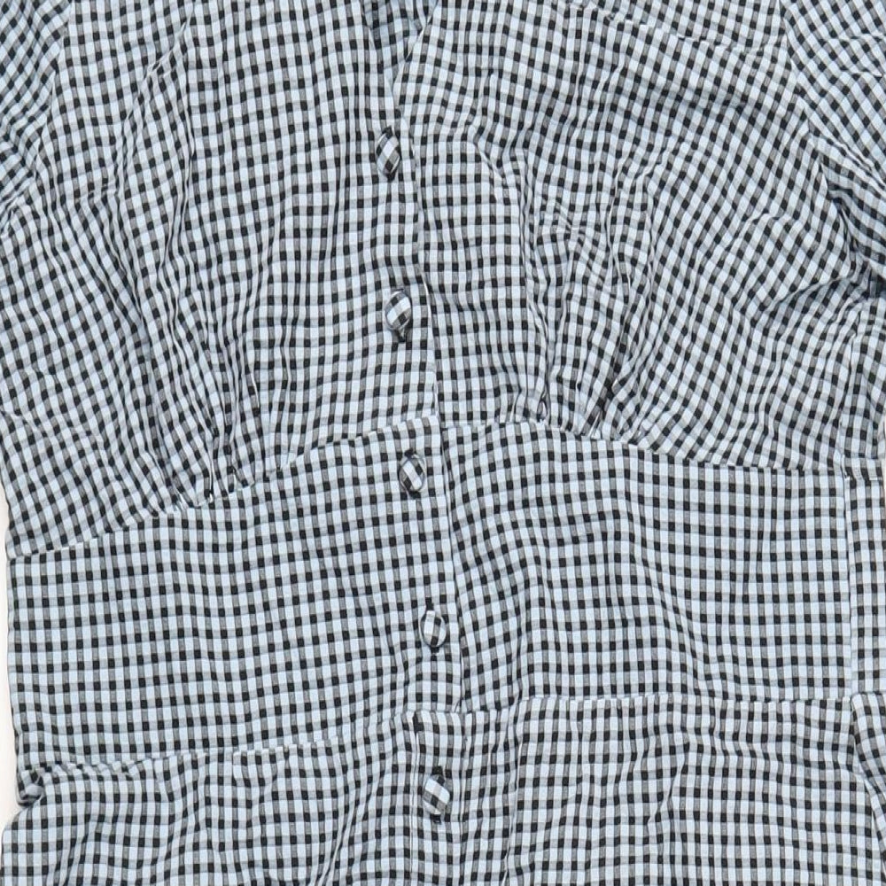 Nobody's Child Womens Blue Check Cotton A-Line Size 12 V-Neck Button
