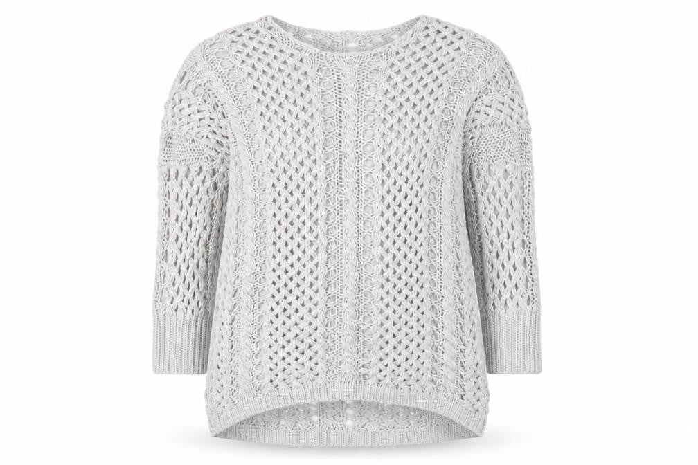 Front view of Crafted women’s grey round neck acrylic jumper, size UK 10