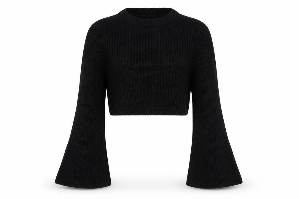 Front view of Miss Selfridge women’s black round neck acrylic jumper, size UK 10