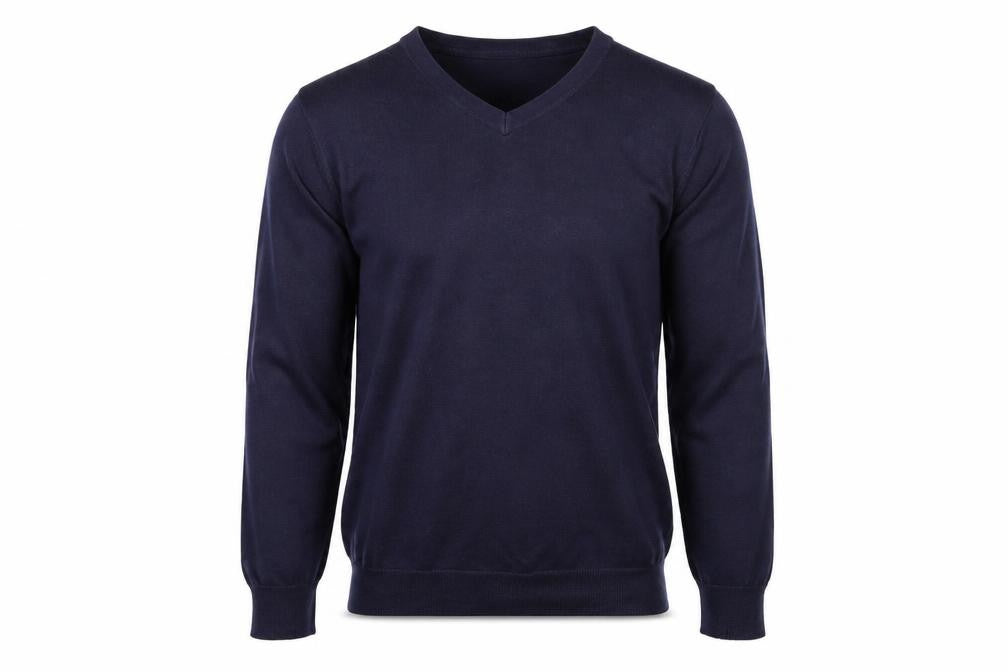 Front view of John Lewis men’s blue v-neck cotton jumper, size L, long sleeve