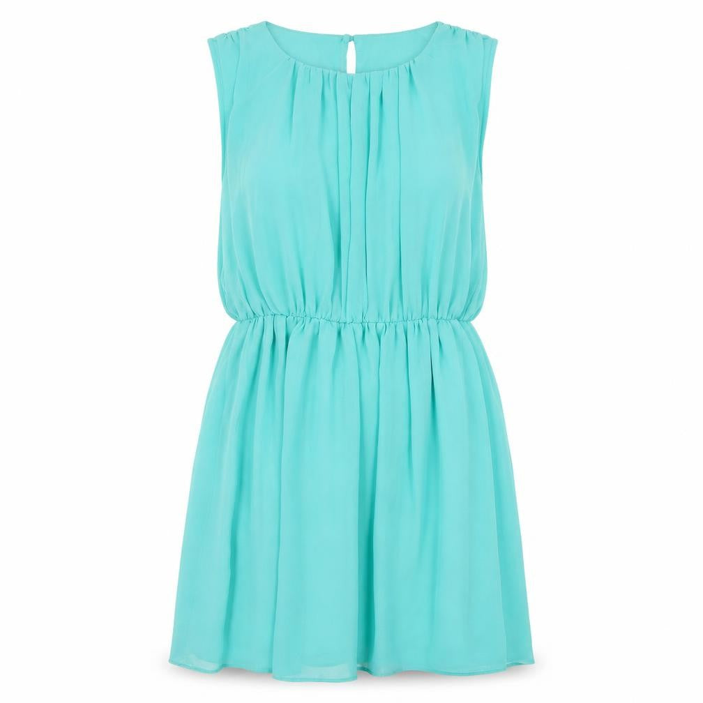 Front view of New Look women’s blue polyester a-line, size UK 12, round neck button